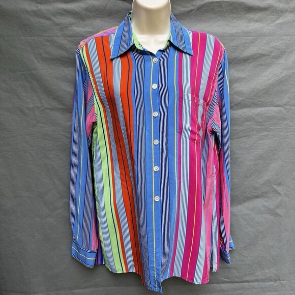 Lauren Ralph Lauren 100% Silk Striped Multicolored Collared Shirt Top Blouse - Picture 1 of 6